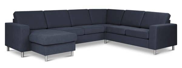 Pan set 6 U 2C3D sofa med chaiselong - blå polyester stof og børstet aluminium