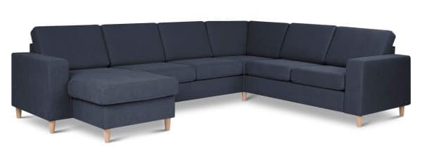 Pan set 6 U 2C3D sofa med chaiselong - blå polyester stof og natur træ