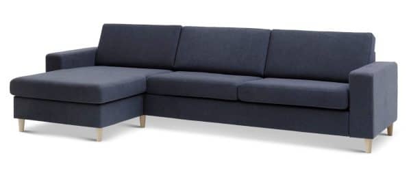 Pan set 8 3D XL sofa, m. chaiselong - blå polyester stof og natur træ