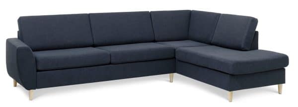 Wendy set 3 OE right sofa, m. chaiselong - blå polyester stof og natur træ
