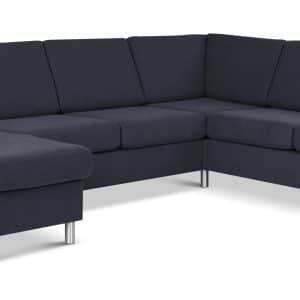 Wendy set 6 U 2C3D sofa, m. chaiselong - blå polyester stof og børstet aluminium