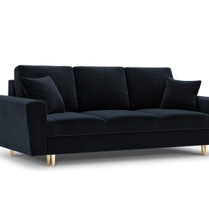 MICADONI Moghan sofa, m. sengefunktion og boks, 3 sæder - blå fløjl og guld metal