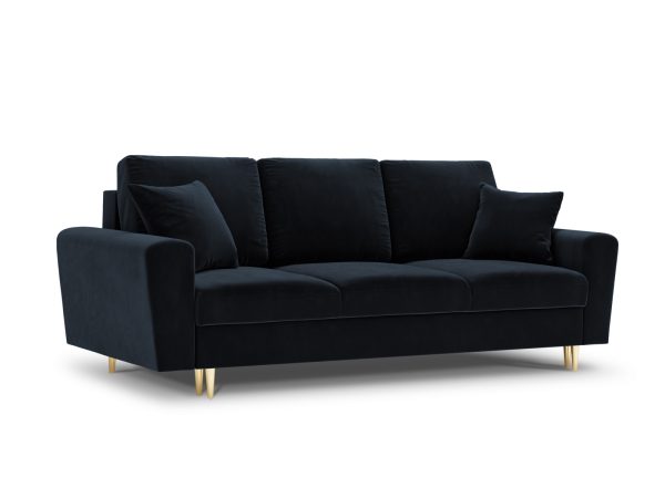 MICADONI Moghan sofa, m. sengefunktion og boks, 3 sæder - blå fløjl og guld metal