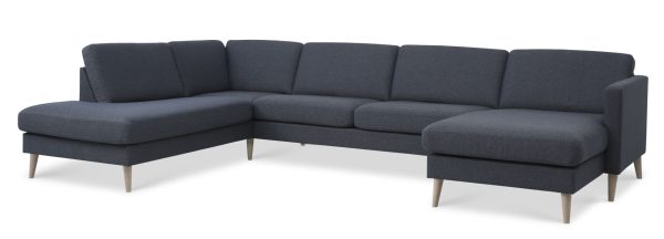 Ask sæt 54 U OE sofa, m. venstre chaiselong - navy blå polyester stof og natur træ