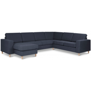 Panset hjørnesofa med chaiselong i polyester B295 x D230 cm - Natur/Blå