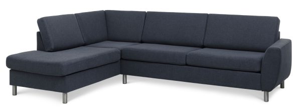 Wendy set 2 OE left sofa, m. chaiselong - blå polyester stof og børstet aluminium