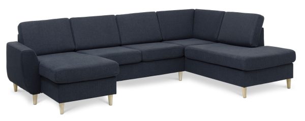 Wendy set 5 U OE right sofa, m. chaiselong - blå polyester stof og natur træ