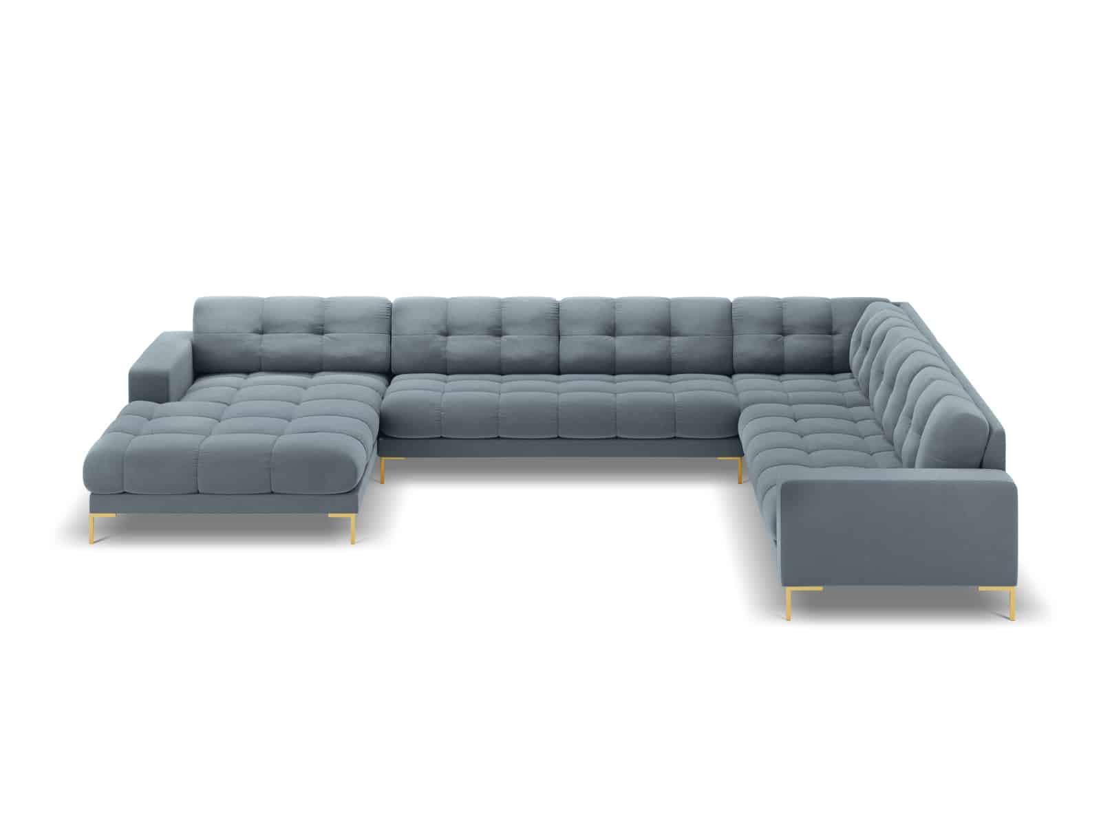 MICADONI Panoramisk Mamaia 7 pers. hjørnesofa, højre - lyseblå fløjl stof og guld metal