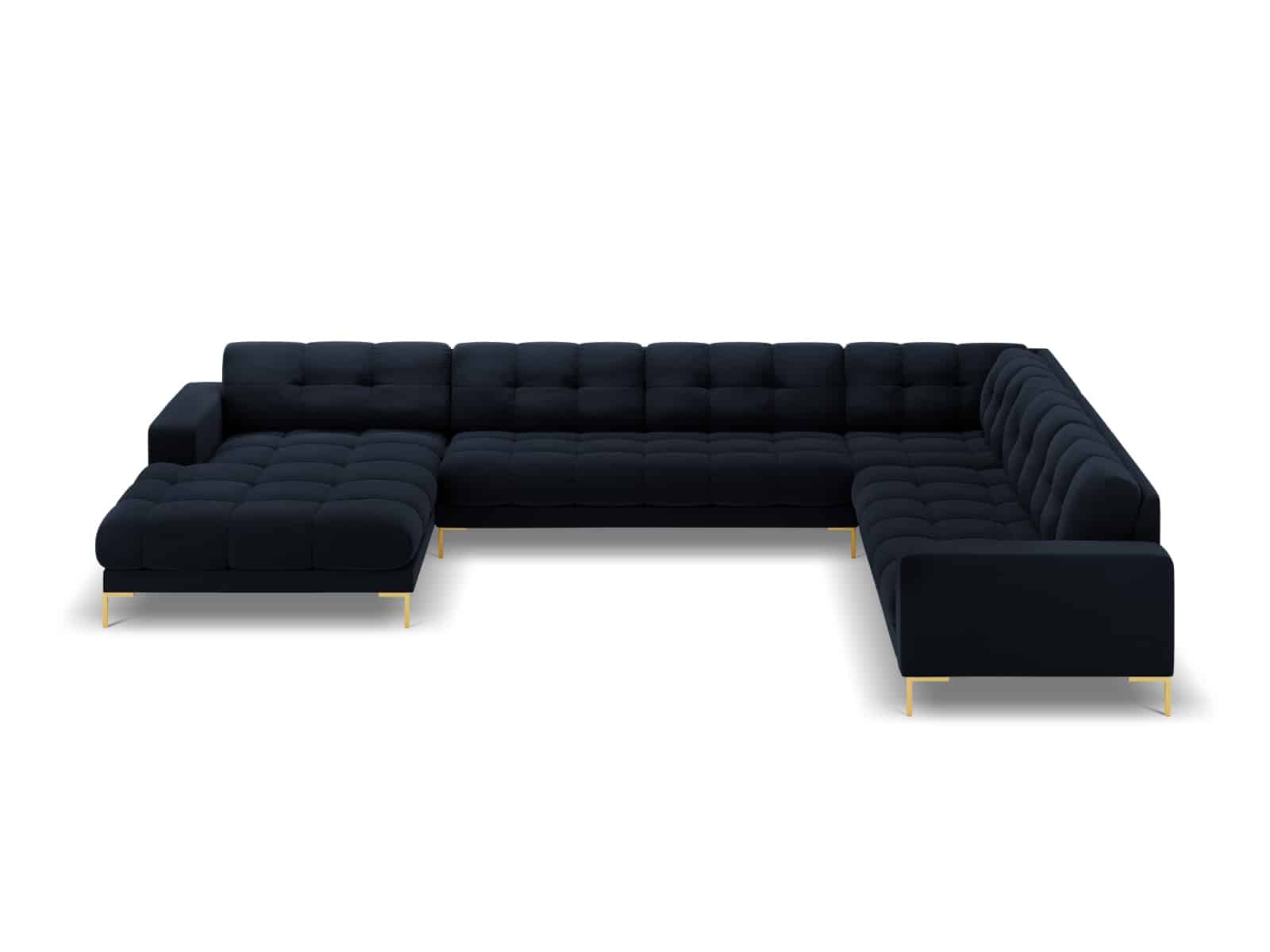 MICADONI Panoramisk Mamaia 7 pers. hjørnesofa, højre - mørkeblå fløjl stof og guld metal