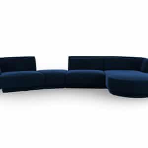 MICADONI Miley 4 pers. modulær sofa, højre, m. chaiselong og indbygget puf - kongeblå fløjl